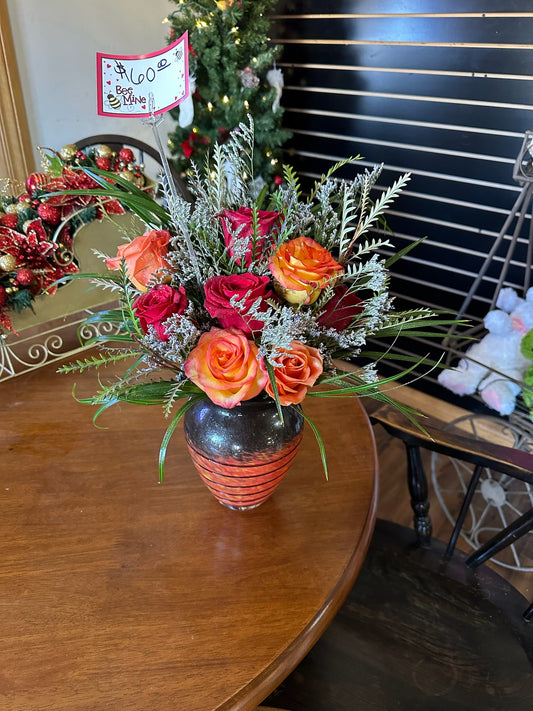 Orange + Red Rose Arrangement